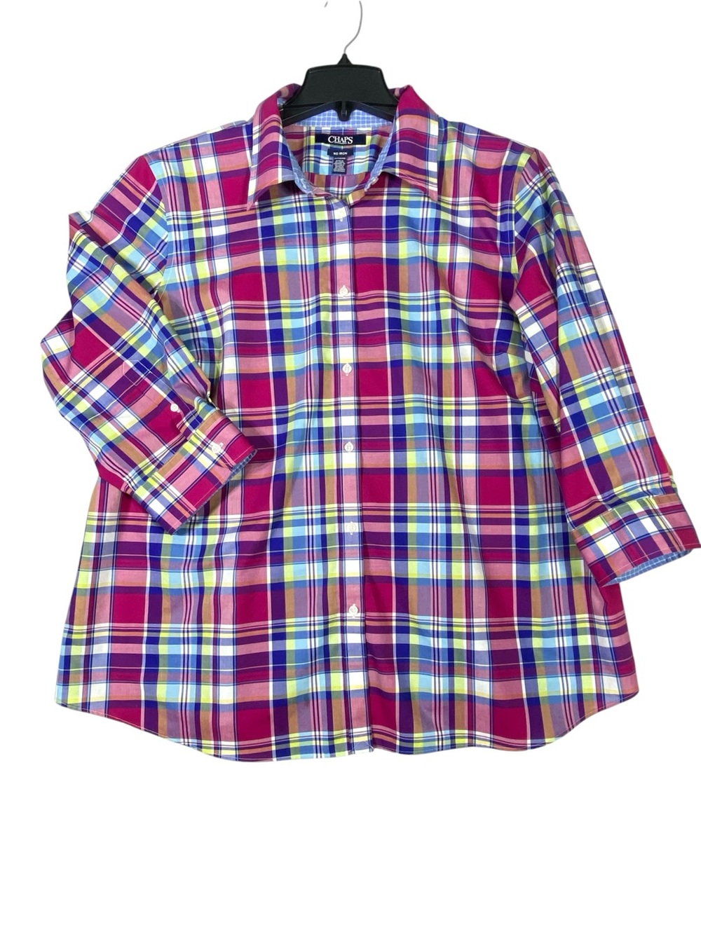 Chaps No Iron Plaid Cotton Blouse Women's 2X Button Up 3/4 Sleeve Collared Top